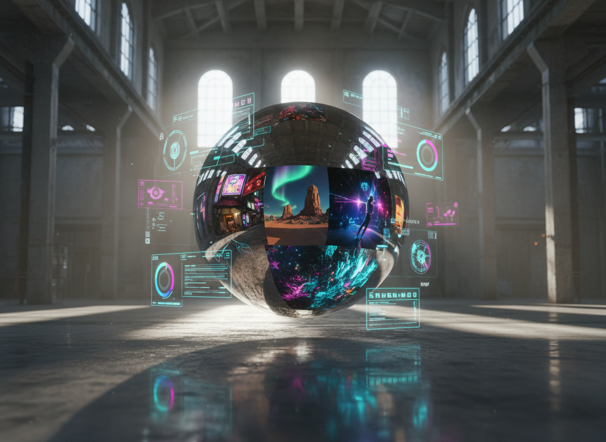 A floating, hyper-detailed chrome sphere mid-air in an industrial warehouse space, its mirror-like surface reflecting an impossible collage of music video sets, neon-lit streets, and surreal landscapes stitched together through seamless compositing. Around the sphere, abstract holographic interface elements and color wheels hover, suggesting active VFX work in progress. The concrete floor beneath catches a sharp reflection of the orb. Stark, directional lighting streams from high industrial windows, mixing with synthetic cyan and magenta glow from the holograms. Photographic realism, captured from a slightly low angle with medium depth of field, bold and futuristic, conveying cutting-edge visual effects creativity for music videos and ads.