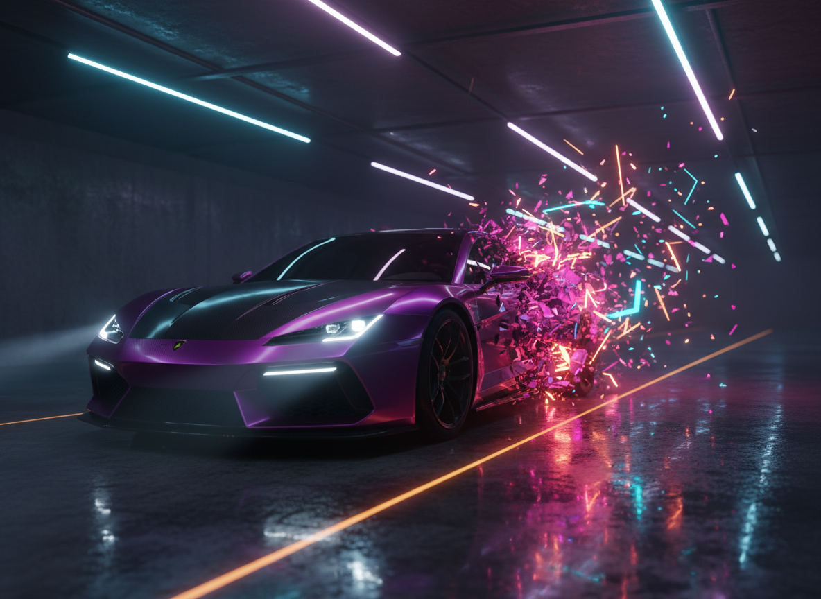A cinematic freeze-frame of a sleek sports car seemingly disintegrating into a swirling storm of neon particles and polygonal shards halfway through a glossy underground tunnel. The front half of the car remains solid and ultra-detailed, with sharp reflections on its lacquered paint, while the rear dissolves into glowing fragments that trail into the darkness. The wet tunnel floor reflects streaks of saturated magenta, cyan, and amber light from overhead strips. Strong directional lighting creates dramatic contrast, with light beams visible through subtle haze. Photographic realism, dynamic three-quarter angle, wide lens emphasizing speed and motion, bold and high-energy, ideal for showcasing VFX for commercials and high-impact ads without any people visible.