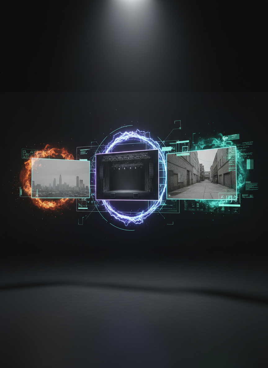 A collection of floating digital “shots” arranged in mid-air like a three-dimensional storyboard: a city skyline, an empty stage, a blank alley, each frame clearly unfinished. Surrounding them are semi-transparent overlays of fire, smoke plumes, glowing energy rings, and futuristic HUD graphics, demonstrating before-and-after VFX transformations. The environment is a dark, minimal studio space with matte black walls, barely visible. Pools of focused white spotlight pick out each floating frame, while subtle colored rim lights in cyan and purple add style. Photographic realism, shot from a slightly elevated angle with a moderate wide lens, creating depth as the frames recede into soft bokeh. The mood is bold and technical, highlighting the process and craft of cinematic visual effects and compositing work for artists and brands.