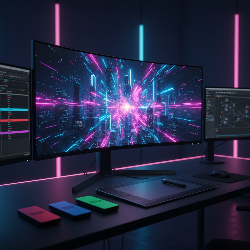 A sleek, high-end workstation with a large ultra-wide monitor displaying a dramatic VFX shot of a city skyline erupting into luminous abstract energy, with particles and neon streaks frozen mid-explosion. The monitor sits on a matte black desk with a graphic tablet, stylus, and color-coded external drives, all meticulously arranged. In the background, multiple smaller screens show timelines and node graphs in compositing software, softly out of focus. The scene is lit by cool, cinematic blue and magenta LED accent lights, creating sharp reflections on the glossy screen surfaces. Photographic realism, shot at eye level with a shallow depth of field, bold and modern, capturing the intense, high-tech atmosphere of a professional VFX studio.