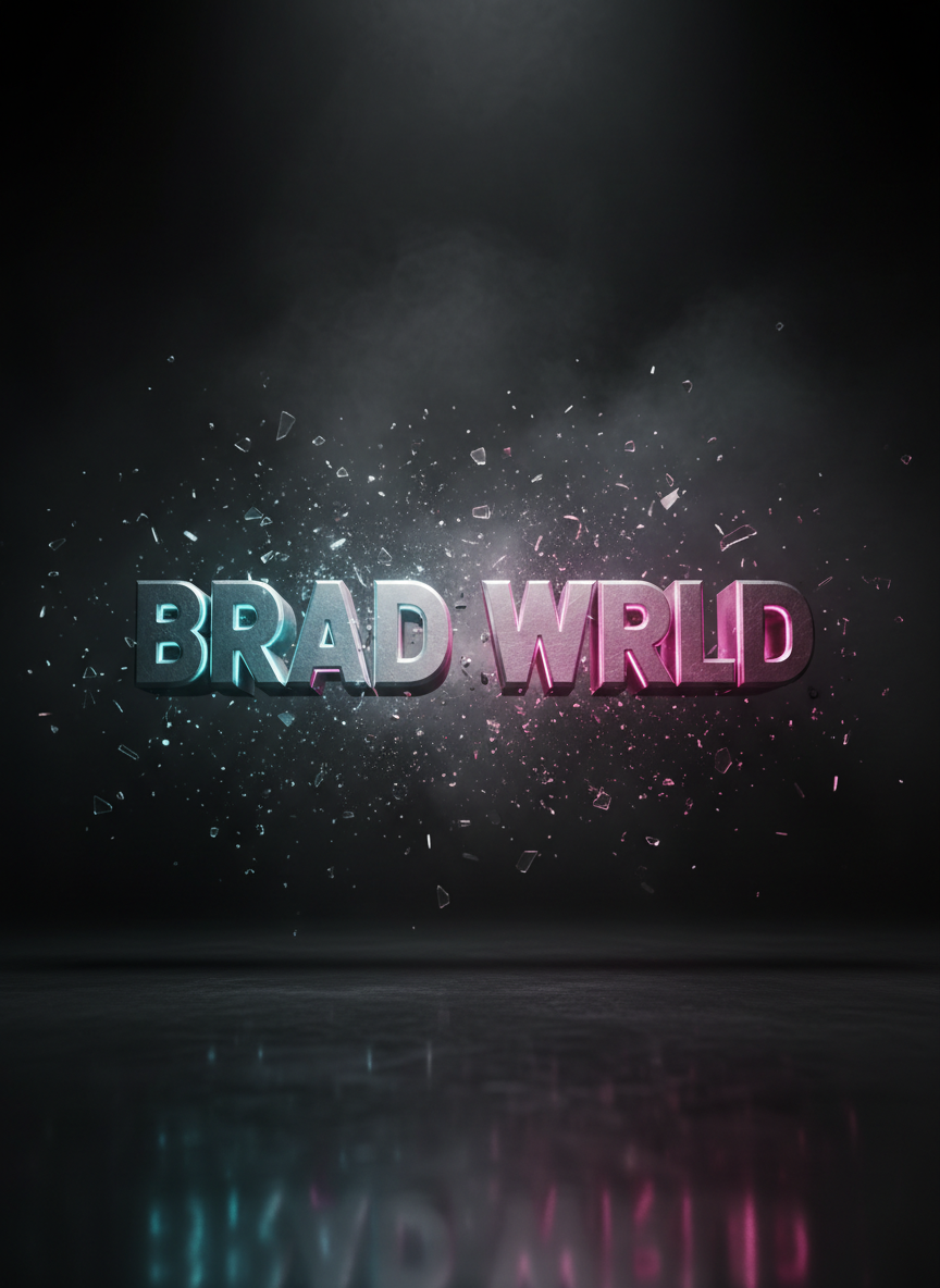 A metallic 3D logo spelling “BRAD WRLD” hovering above a reflective black floor, the letters constructed from brushed steel with razor-sharp bevels and subtle surface scuffs, glowing from within with electric cyan and deep magenta light. Surrounding the logo are suspended fragments of shattered glass and particle debris, frozen mid-air as if in an explosion. A moody, smoke-filled environment fades into darkness behind it. Hard, directional backlighting carves out a crisp rim around each letter, while a low, cinematic key light from the front reveals detail. Photographic realism, ultra-wide composition with the logo centered, dramatic and bold, perfect as a hero banner for a VFX brand.