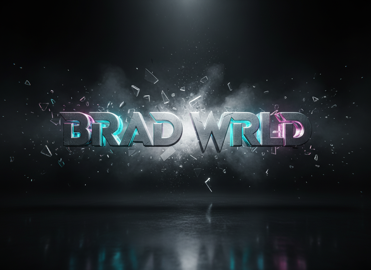 A metallic 3D logo spelling “BRAD WRLD” hovering above a reflective black floor, the letters constructed from brushed steel with razor-sharp bevels and subtle surface scuffs, glowing from within with electric cyan and deep magenta light. Surrounding the logo are suspended fragments of shattered glass and particle debris, frozen mid-air as if in an explosion. A moody, smoke-filled environment fades into darkness behind it. Hard, directional backlighting carves out a crisp rim around each letter, while a low, cinematic key light from the front reveals detail. Photographic realism, ultra-wide composition with the logo centered, dramatic and bold, perfect as a hero banner for a VFX brand.
